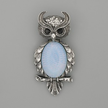 Brooch Pendant Owl Moonstone 60x29mm+- black rhinestones silver-tone metal