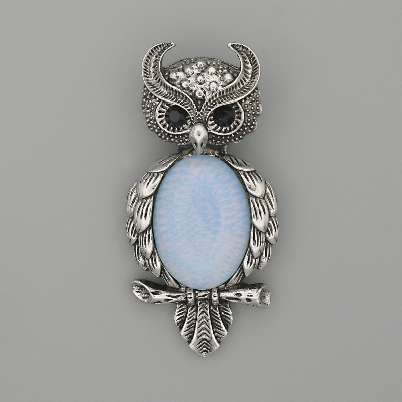 Brooch Pendant Owl Moonstone 60x29mm+- black rhinestones silver-tone metal