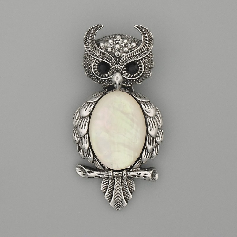 Brooch Pendant Owl Mother-of-Pearl 60x29mm+- black rhinestones silver-tone metal