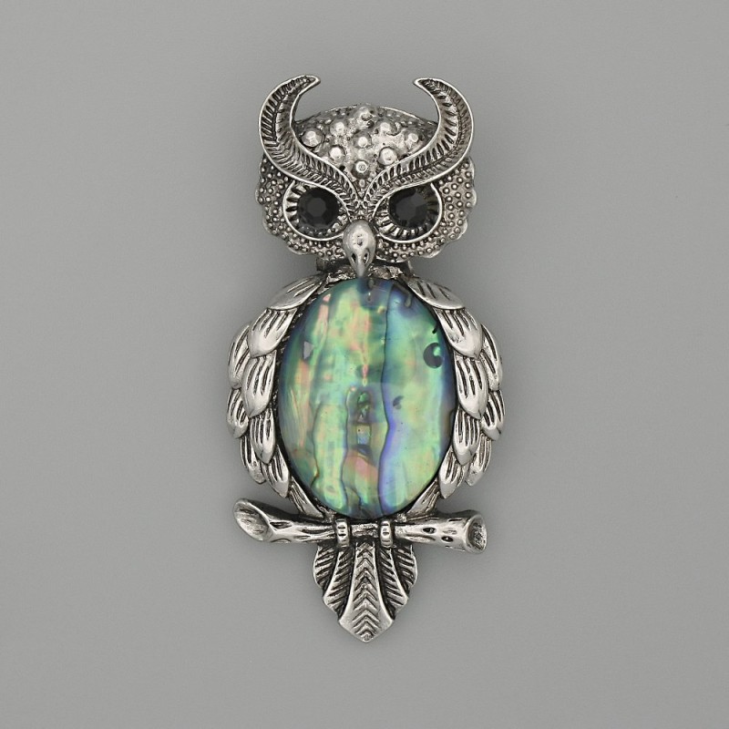 Brooch Pendant Owl Abalone Shell 60x29mm+- black rhinestones silver-tone metal