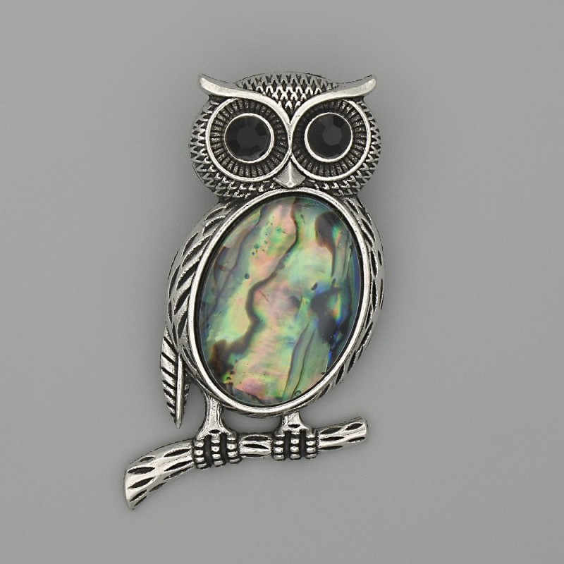 Brooch Pendant Owl Abalone Shell 45x25mm+- black rhinestones silver-tone metal