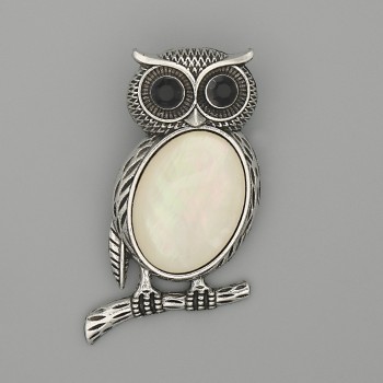 Brooch Pendant Owl Mother-of-Pearl 45x25mm+- black rhinestones silver-tone metal