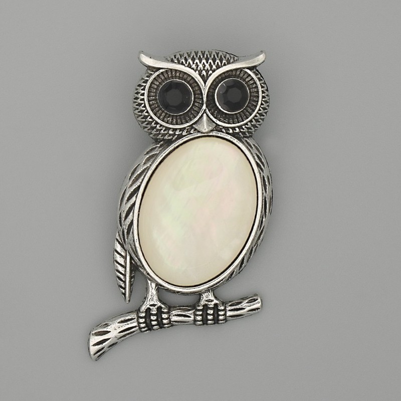 Brooch Pendant Owl Mother-of-Pearl 45x25mm+- black rhinestones silver-tone metal