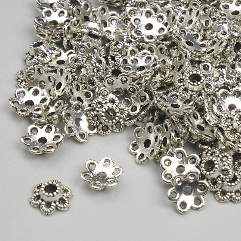 Bead Cap Findings, diameter 7mm+- hole diameter 1.9mm+- silver-tone metal, pack 20g+- (~125pcs)