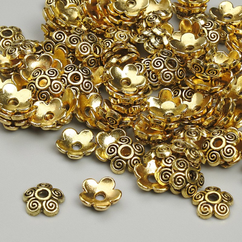 Bead Cap Finding, gold metal colour, 6.5mm+- diameter, hole diameter 1.2mm+- pack 20g (~125pcs.)