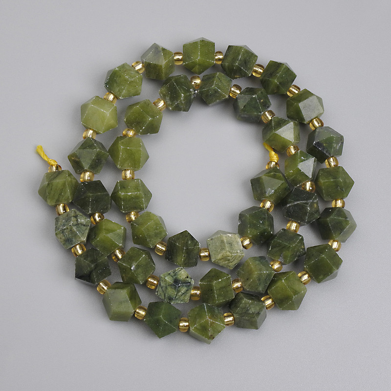 Jadeite Beads, faceted polygon 8x7-7.5mm+/-, seed beads 3mm+/-, length 39cm+/- on a strand