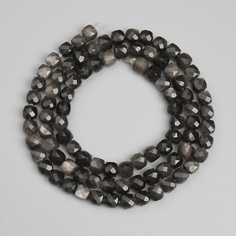 Silver Obsidian Beads, faceted cube 4x4mm+/-, length 39cm+/- on a strand