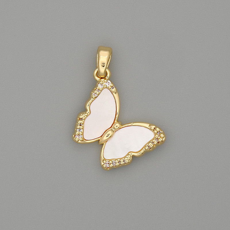 Butterfly Pendant, Mother-of-Pearl, Gold-Tone Metal, Rhinestones, diameter 23x17mm+