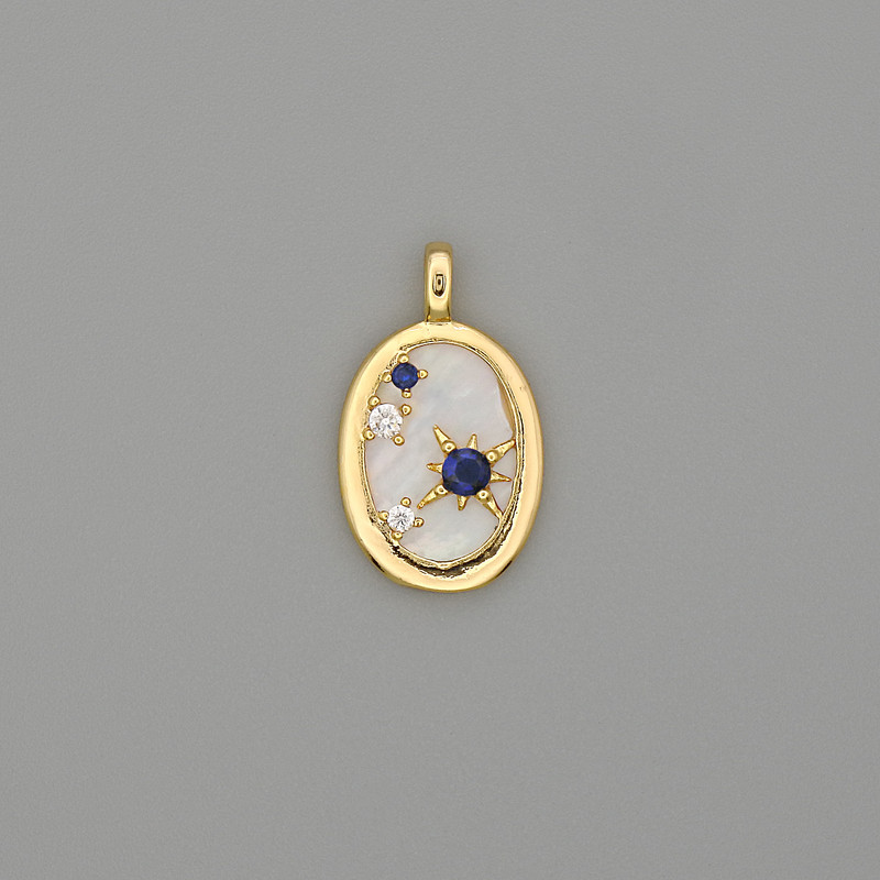 Pendant, Mother-of-Pearl, Gold-Tone Metal, Rhinestones, diameter 23x14mm+