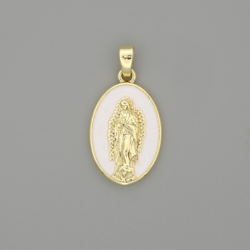 Pendant Mary, Mother of God enamelled brass/golden metal, 29×18mm diameter