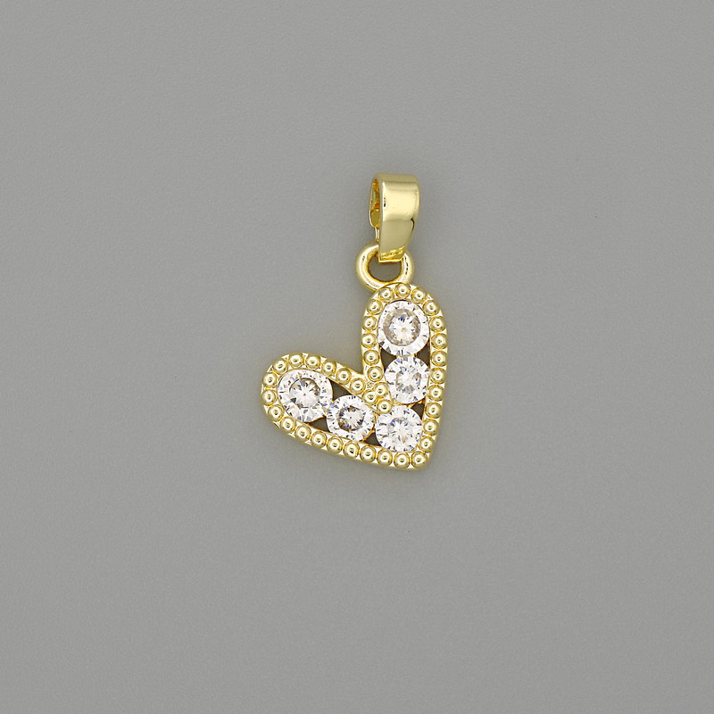 Heart Pendant Charm, Gold-Tone Metal with White Rhinestones, 18x11mm+