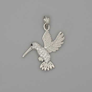Hummingbird Pendant Charm, Silver-Tone Metal with White Rhinestones, 29x21mm+