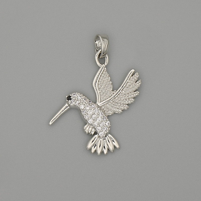 Hummingbird Pendant Charm, Silver-Tone Metal with White Rhinestones, 29x21mm+