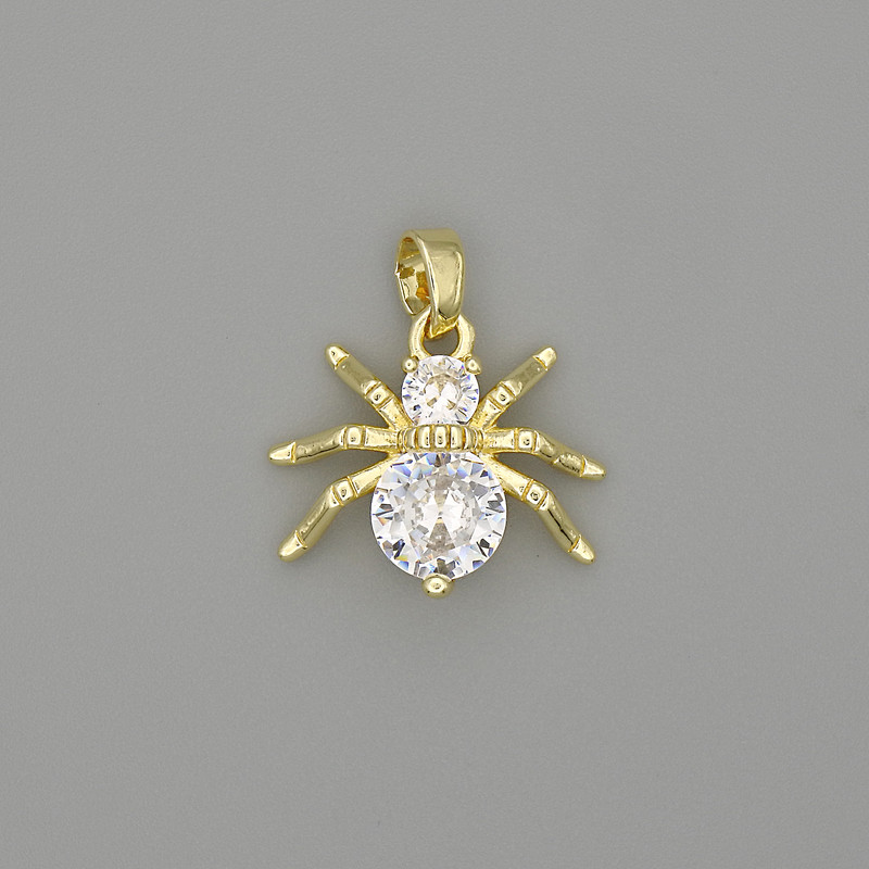Spider Pendant Charm, Gold-Tone Metal with White Rhinestones, 19mm+