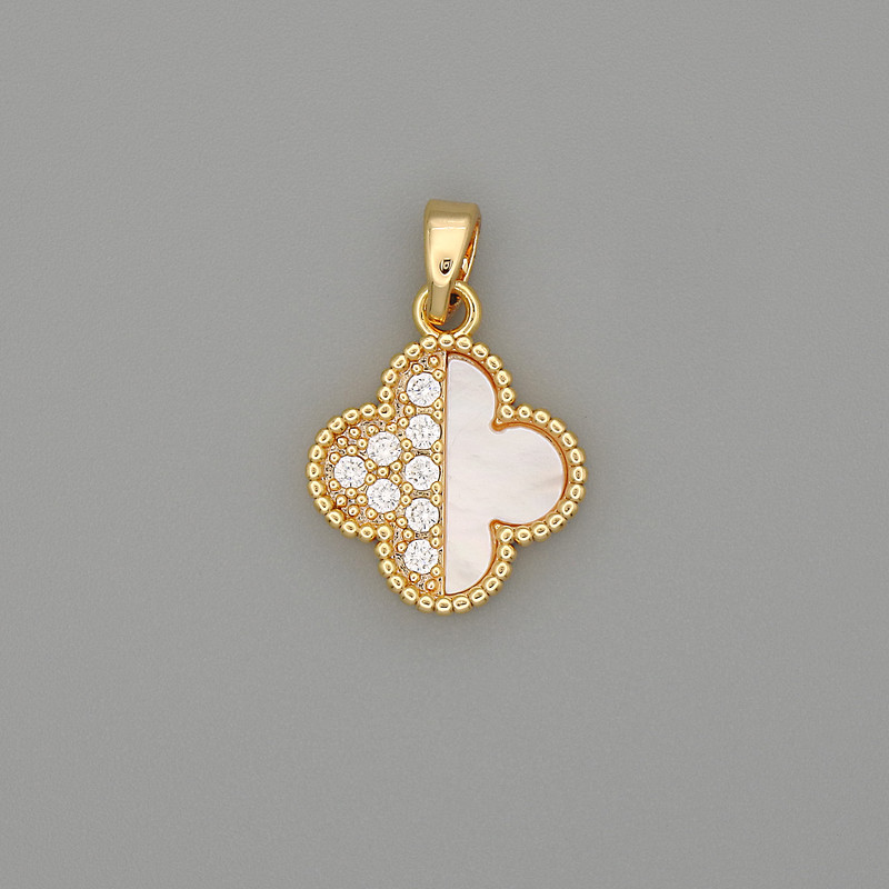 Clover Pendant Charm, Mother-of-Pearl, Gold-Tone Metal with White Rhinestones, 22x14mm+