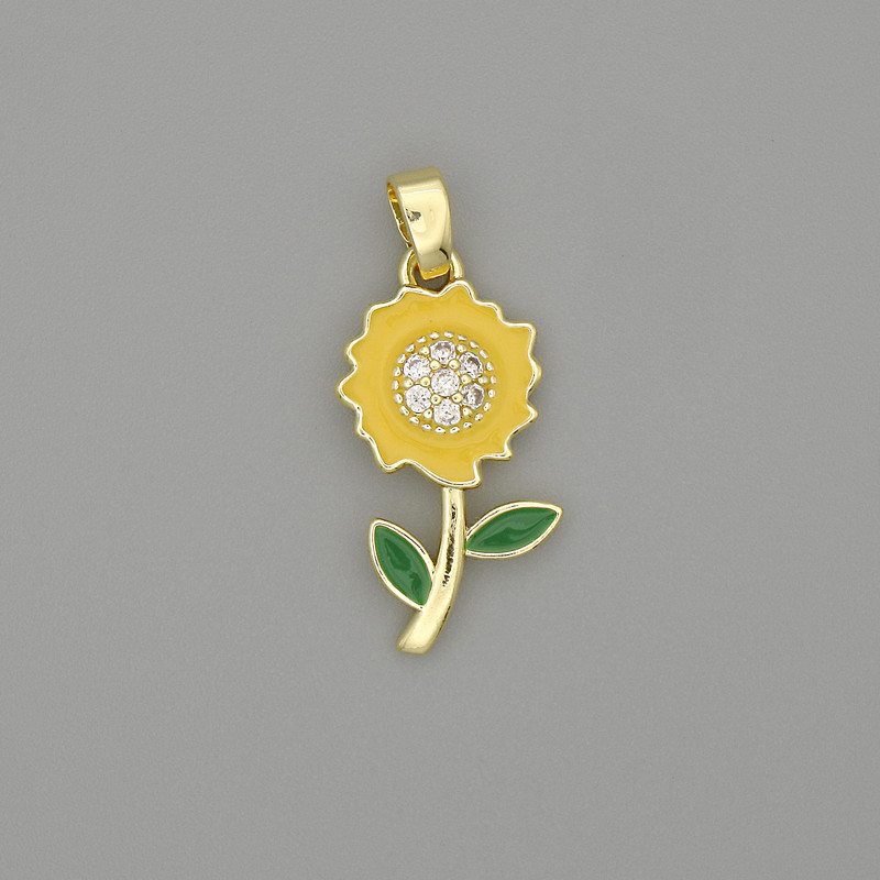Sunflower Pendant Charm, Enamel, Gold-Tone Metal with White Rhinestones, 25x10mm+