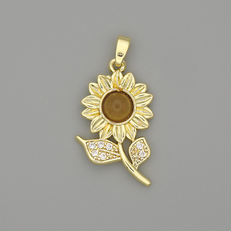 Sunflower Pendant Charm, Gold-Tone Metal with White Rhinestones, 30x17mm+