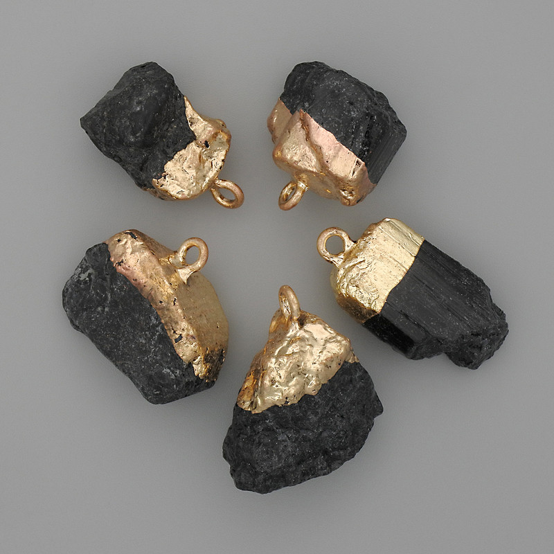 Schorl Tourmaline Pendant, Raw Stone, Gold-Tone Metal, 24-32x14-22mm+/- Assorted Size