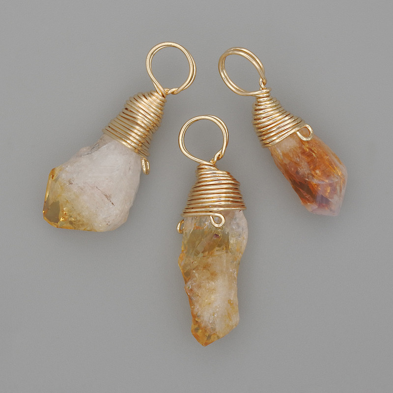Citrine Pendant, Raw Stone, Gold-Tone Metal, 35x11mm+/- Assorted Size