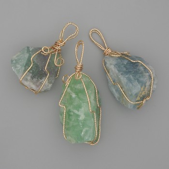 Fluorite Pendant Raw Stone in Gold-Toned Wire Wrap 55x26mm+/- Assorted Size