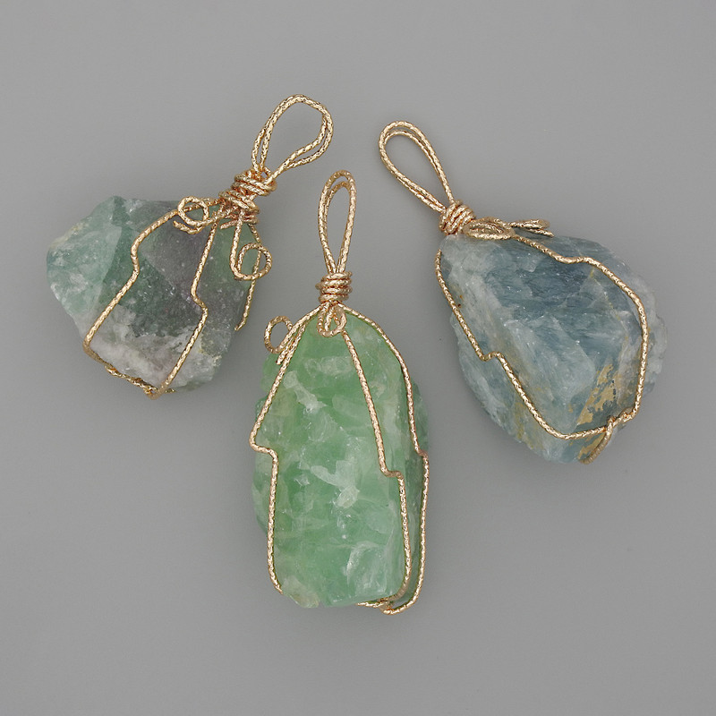 Fluorite Pendant Raw Stone in Gold-Toned Wire Wrap 55x26mm+/- Assorted Size
