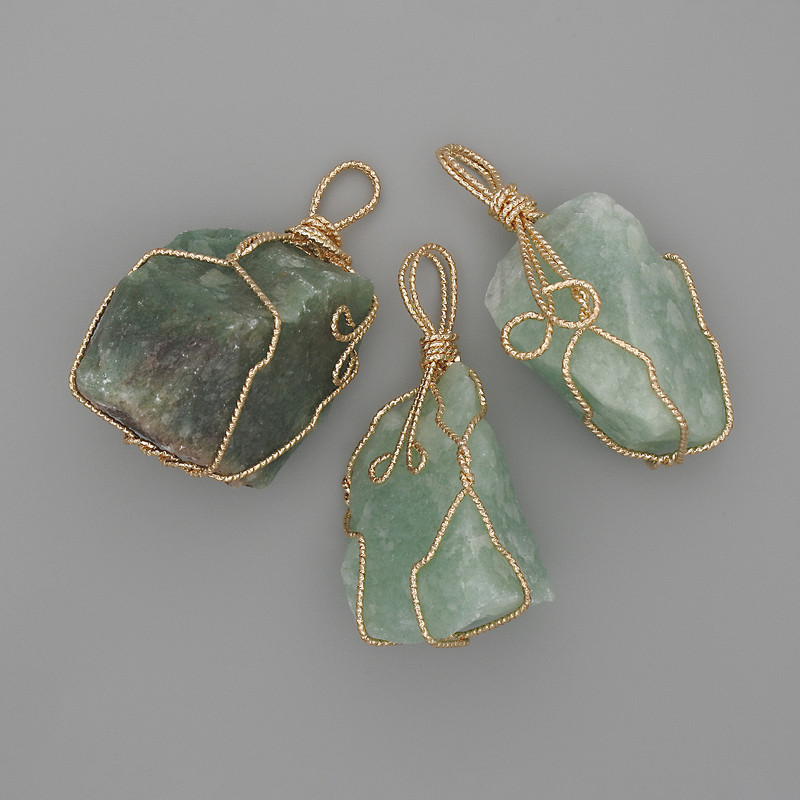 Fluorite Pendant Raw Stone in Gold-Toned Wire Wrap 44x20mm+/- Assorted Size