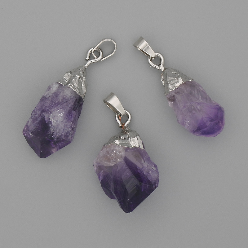 Amethyst Pendant Raw Stone Silver-Toned Metal 20-26x11-15mm+/- Assorted Size