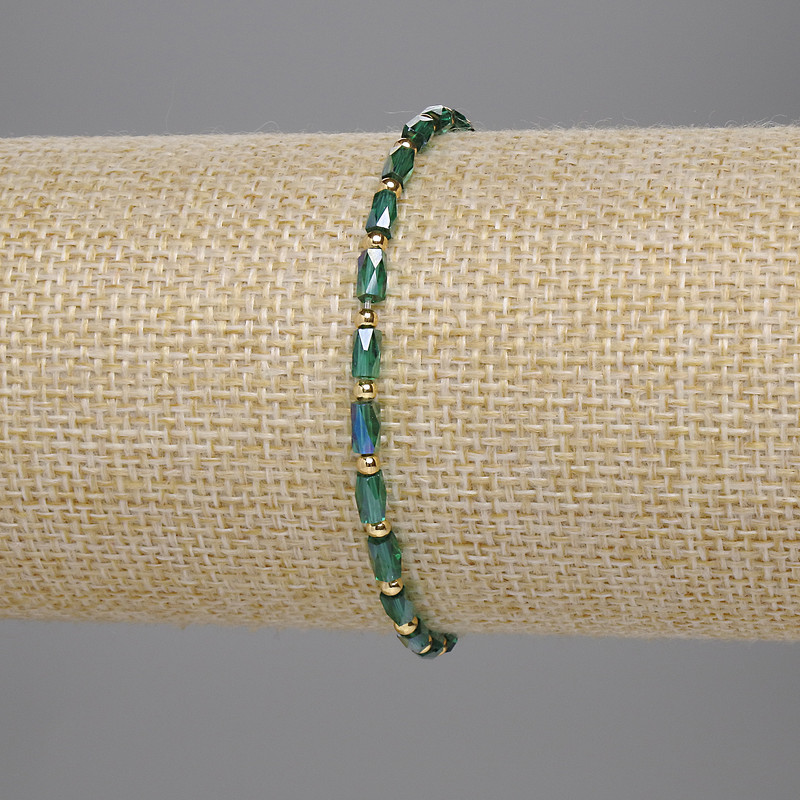 Bracelet Czech Crystal Green Faceted Cylinder 5x3mm+- Bead 2mm+-, 18cm Length Stretch