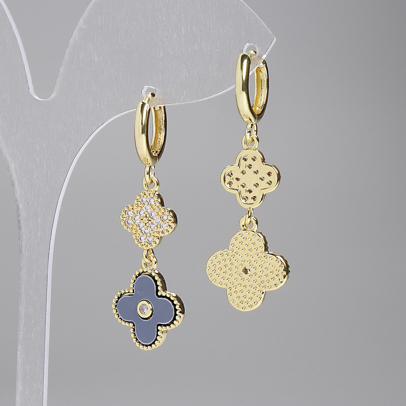 Clover Earrings, grey, white rhinestones, gold-tone metal, diameter 10mm+/-, diameter 14mm+/-, length 42mm+