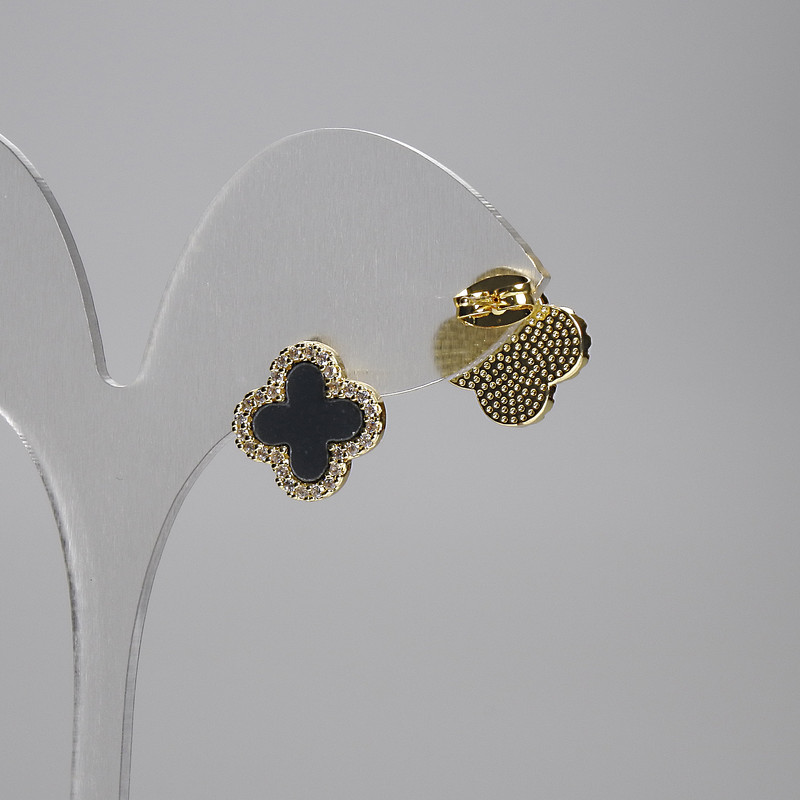 Clover Stud Earrings, black, white rhinestones, gold-tone metal, diameter 14mm+