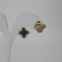 Clover Stud Earrings, black, white rhinestones, gold-tone metal, diameter 14mm+