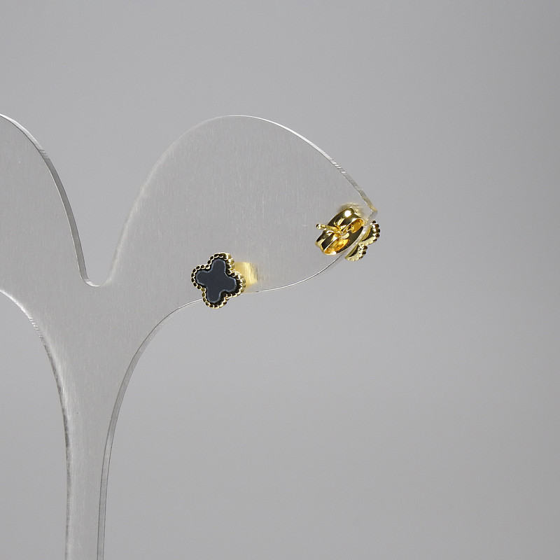 Clover Stud Earrings, black, gold-tone metal, diameter 7mm+