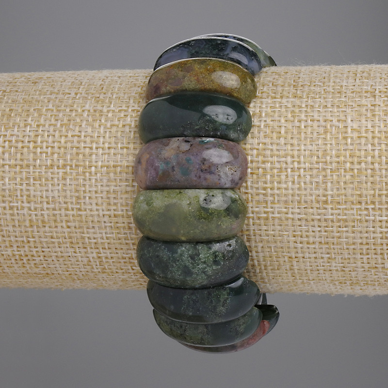 Moss Agate Link Bracelet, Diameter 25x11mm+/-, Length 18cm+/-, Stretch (with natural imperfections)