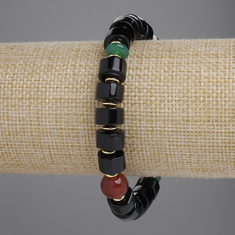 Agate Bracelet, Cylinder Beads, Diameter 10x6mm +/- Rondelle 8x4mm +/- Round Bead 10mm +/-, with Metal Inserts, Length 18cm +/- Stretch