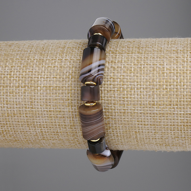 Agate Bracelet, Cylinder, Diameter 14x10mm +/- 8.5x6mm +/-, with Metal Inserts, Length 18cm +/- Stretch