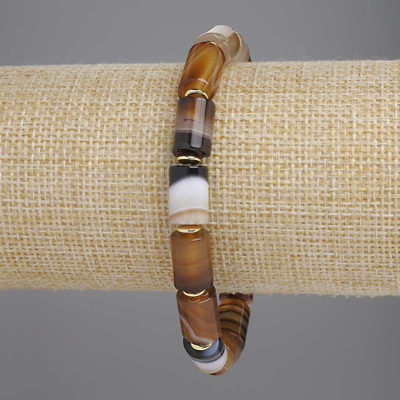 Agate Cylinder Bracelet, diameter 11.5x8mm+- with metal inserts, length 18cm+- stretch