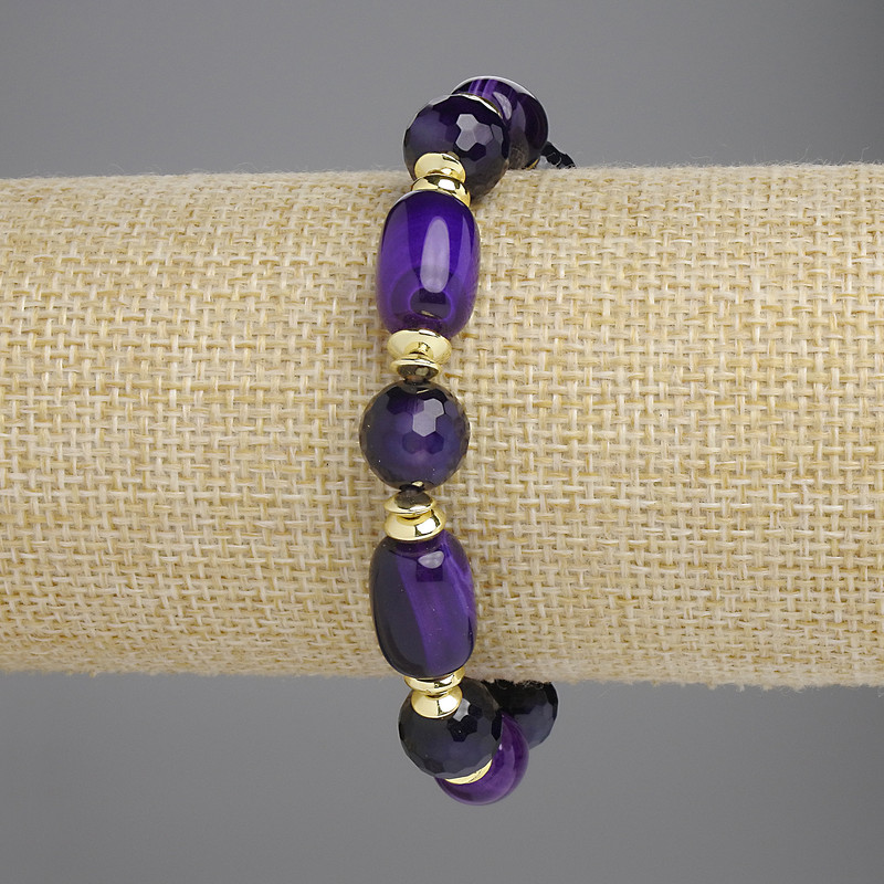 Agate Barrel Bracelet, diameter 13.5x9mm+- faceted ball 10mm+- with metal inserts, length 18cm+- stretch