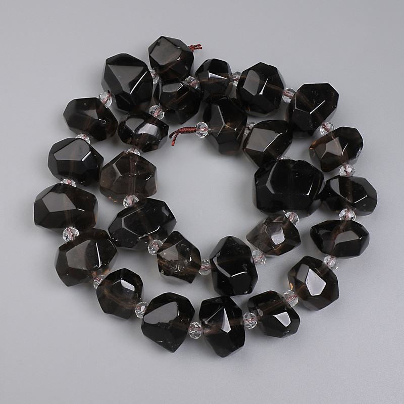 Smoky Quartz Faceted Beads, Diameter 15-20x12-15mm+- Seed Beads 4mm+- on a String, Length 40cm+