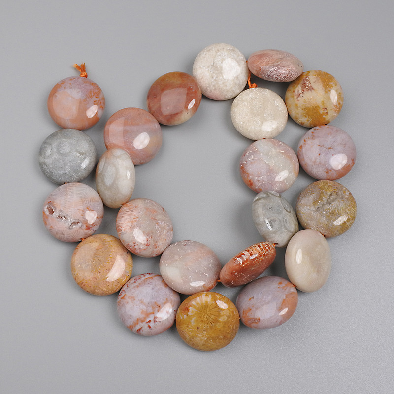 Fossil Coral Beads Coin, diameter 17.5mm+/- on thread, length 39cm+