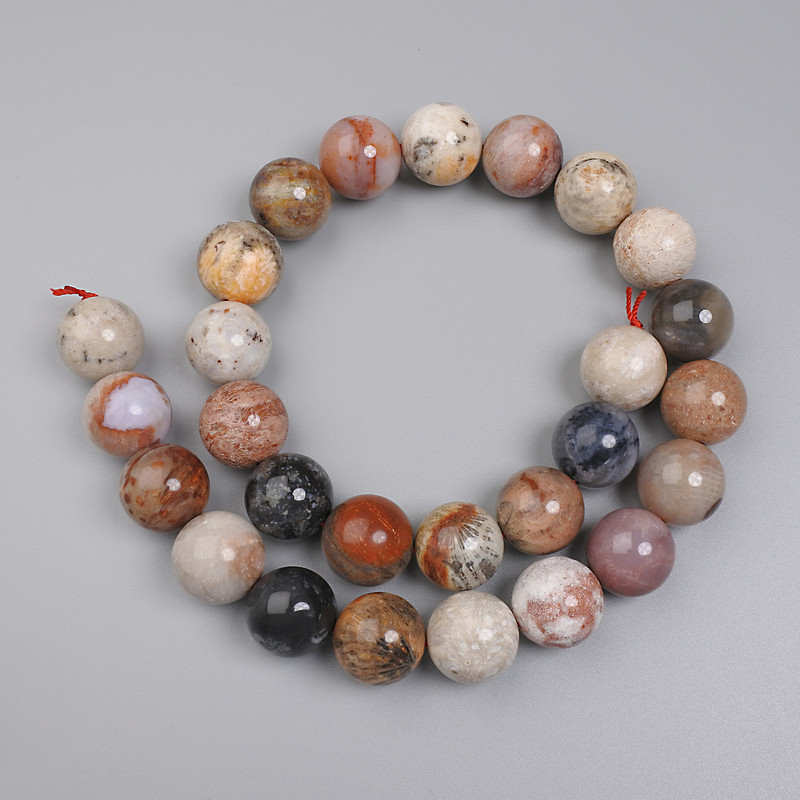 Fossil Coral Beads, smooth round, diameter 14mm+/-, on a strand, length 39cm+
