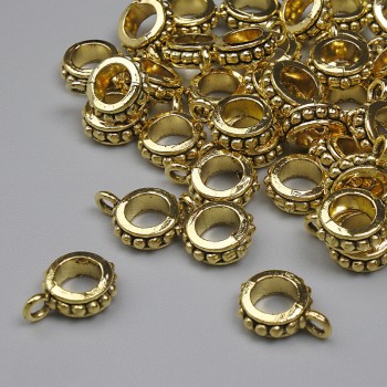 Bail Finding, gold-tone metal, size 11x3mm+/-, holes diameter 4.5mm+/- and 2mm+/-, pack 20g, 46pcs