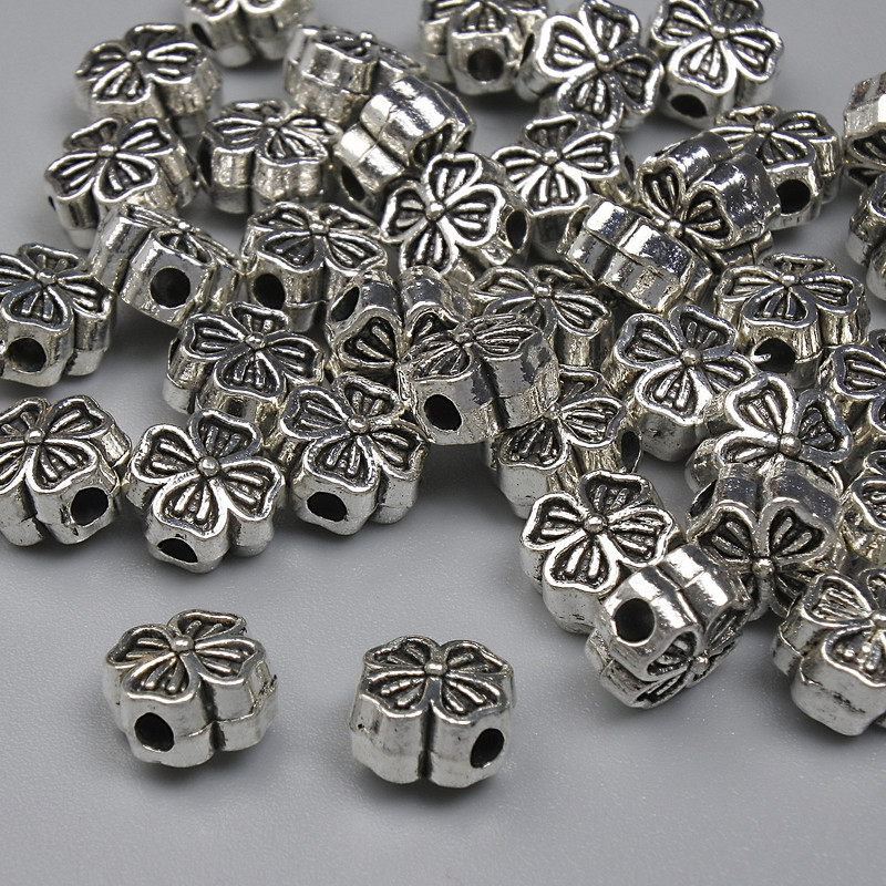 Clover Spacer Bead Finding, silver-tone metal, diameter 6mm+/-, hole diameter 1.5mm+/-, pack 20g ~41pcs+