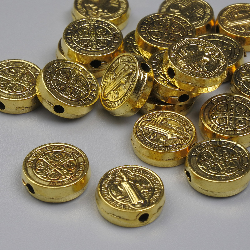 Jewellery findings gold-colour St Benedict bead insert, diameter 9mm+/-, hole diameter 1.5mm+/-, pack 20g (~20 pcs)