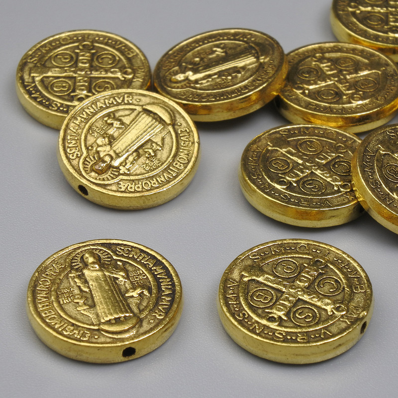 Jewellery findings gold-colour St Benedict bead insert, diameter 14.5mm+/-, hole diameter 1mm+/-, pack 20g (~10 pcs)