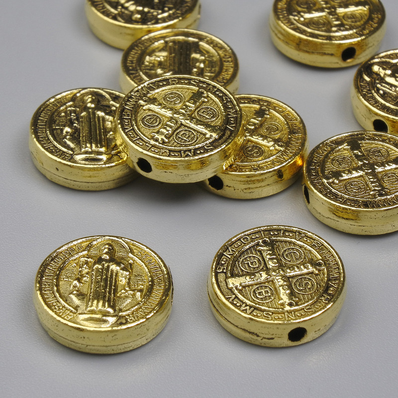 Jewellery findings gold-colour St Benedict bead insert, diameter 12mm+/-, hole diameter 1.6mm+/-, pack 20g (~10 pcs)