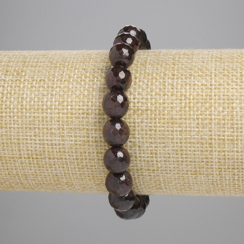 Bracelet Garnet Faceted Round Bead, diameter 9mm+-, length 18cm+- stretch