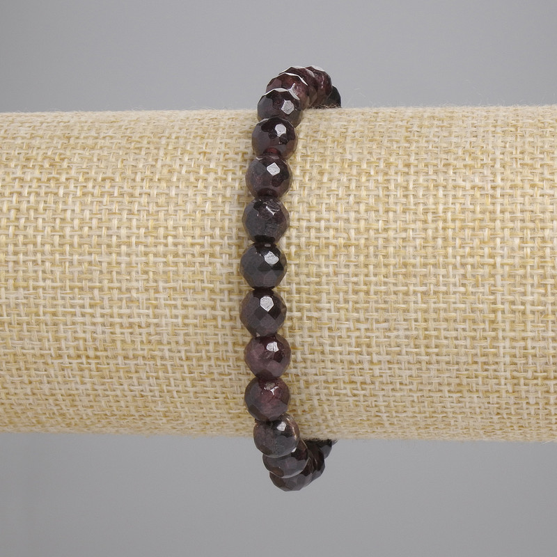Bracelet Garnet Faceted Round Bead, diameter 7mm+-, length 18cm+- stretch