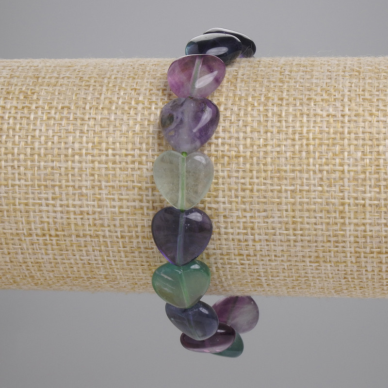 Fluorite Heart Bracelet, Natural Stone, Diameter 12mm+/-, Length 18cm+/- (Stretch)
