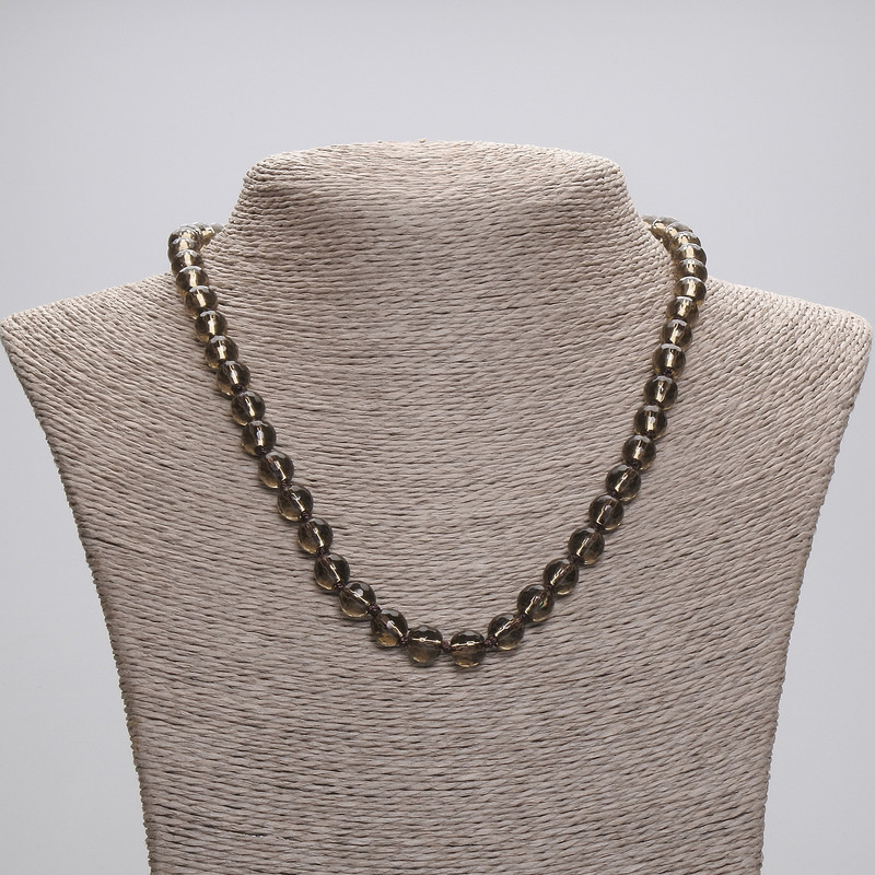 Smoky Quartz Necklace, faceted round beads, diameter 7.5mm+/-, length 45cm+/- with clasp