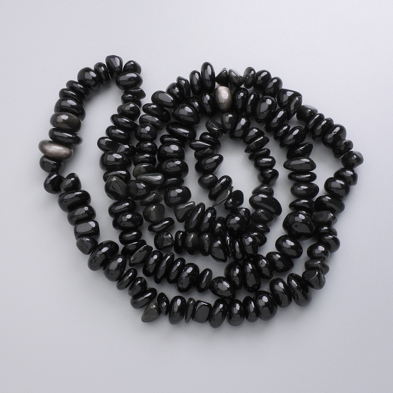Silver Obsidian Beads, Natural Stone Tumbled Nuggets on Fishing Line, Diameter 9-13x4-7mm+/-, Length 80cm+
